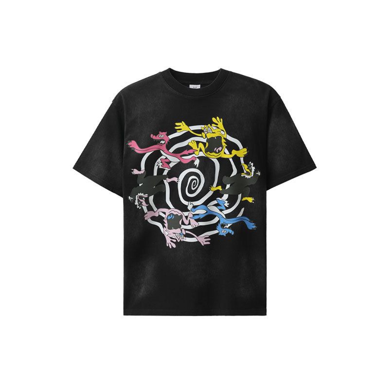 National Trend American Street Spray Paint Washed Direct Print Loose Fit Cartoon T-Shirt For Men_viptrois.com