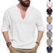 Autumn New American Loose Breathable Linen Casual Men's V Neck Design Large Size Long Sleeved T Shirt_viptrois.com