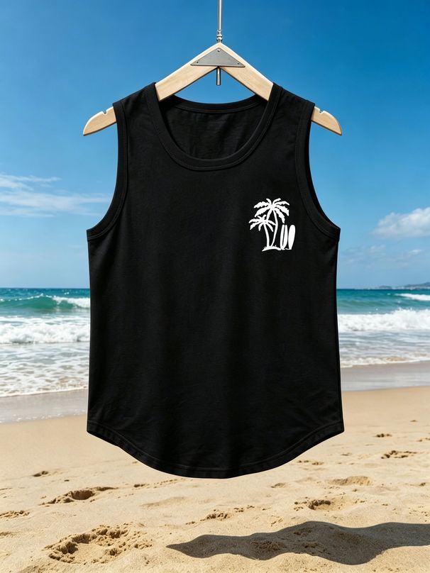 Canotta Uomo Girocollo 100% Cotone Stampa Palme Tavola Surf Morbida Traspirante Senza Maniche Gita Spiaggia Estivo Casual Multicolore_viptrois.com
