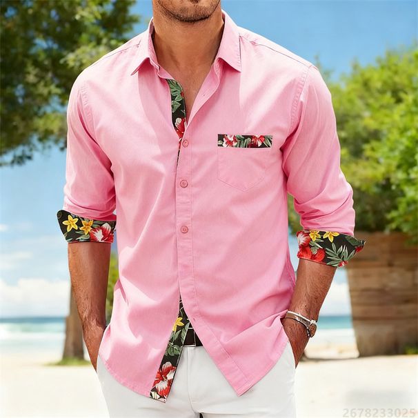 Camisa Hawaiana Elegante De Retazos Florales Para Hombre, Camisa Informal De Manga Larga Con Solapa Estilo Vacaciones Y Bolsillos En Varios Colores_viptrois.com