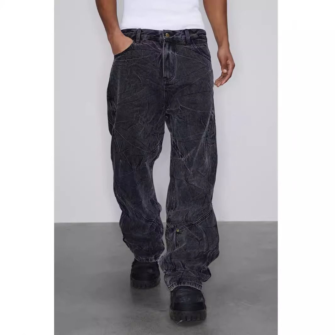 Men's Clothing Cleanfit Retro Snowflake Washed Jeans For Men Heavy Duty Distressed Ripple Pleated Vibe Straight Pants_viptrois.com