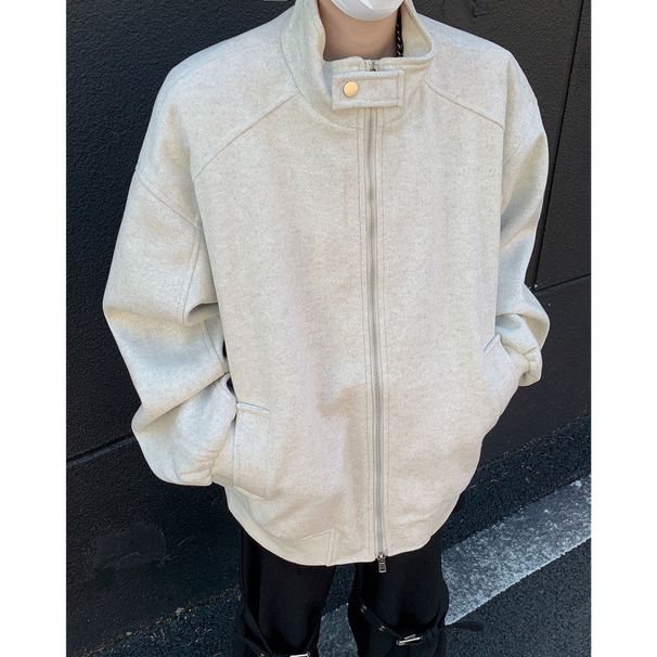 Solid Color Stand Up Collar Jacket For Men And Women In Spring And Autumn, Loose Fit For Couples, Casual Woolen Jacket_viptrois.com