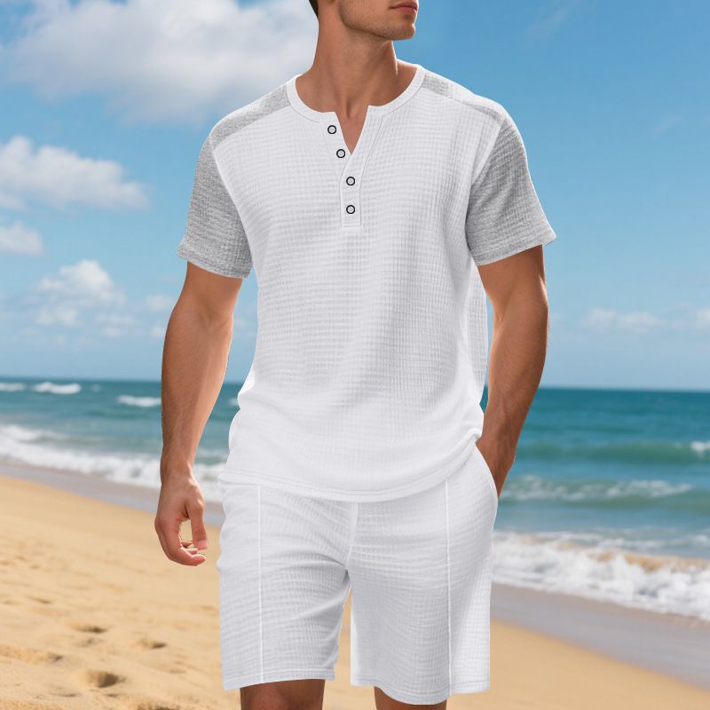 Men's Clothing Summer Large Size Loose Waffle Beach Henley Shirt Short Sleeved Shorts Casual Suit Men_viptrois.com