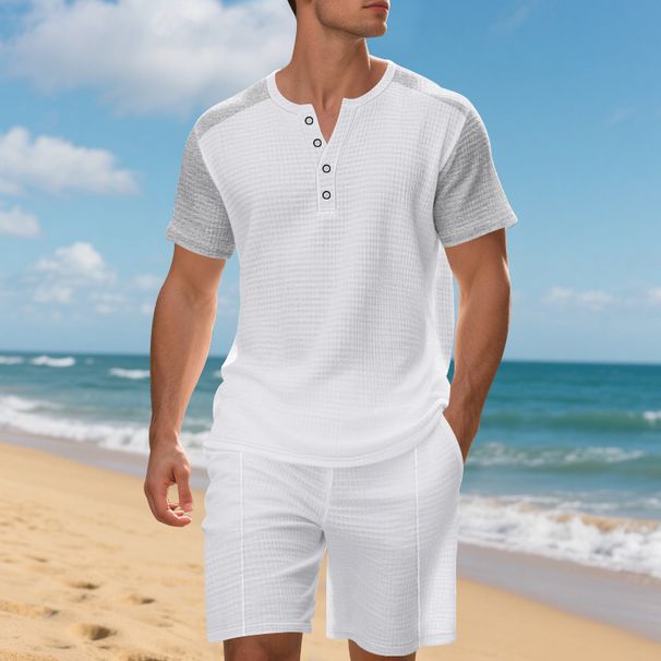 Men's Clothing Summer Large Size Loose Waffle Beach Henley Shirt Short Sleeved Shorts Casual Suit Men_viptrois.com