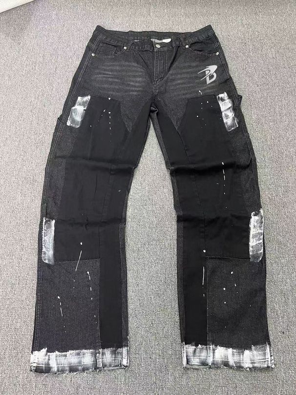 Men's Clothing European And American Style Men's Y2K Patchwork Painted Letter Hot Transfer Straight Leg Jeans_viptrois.com