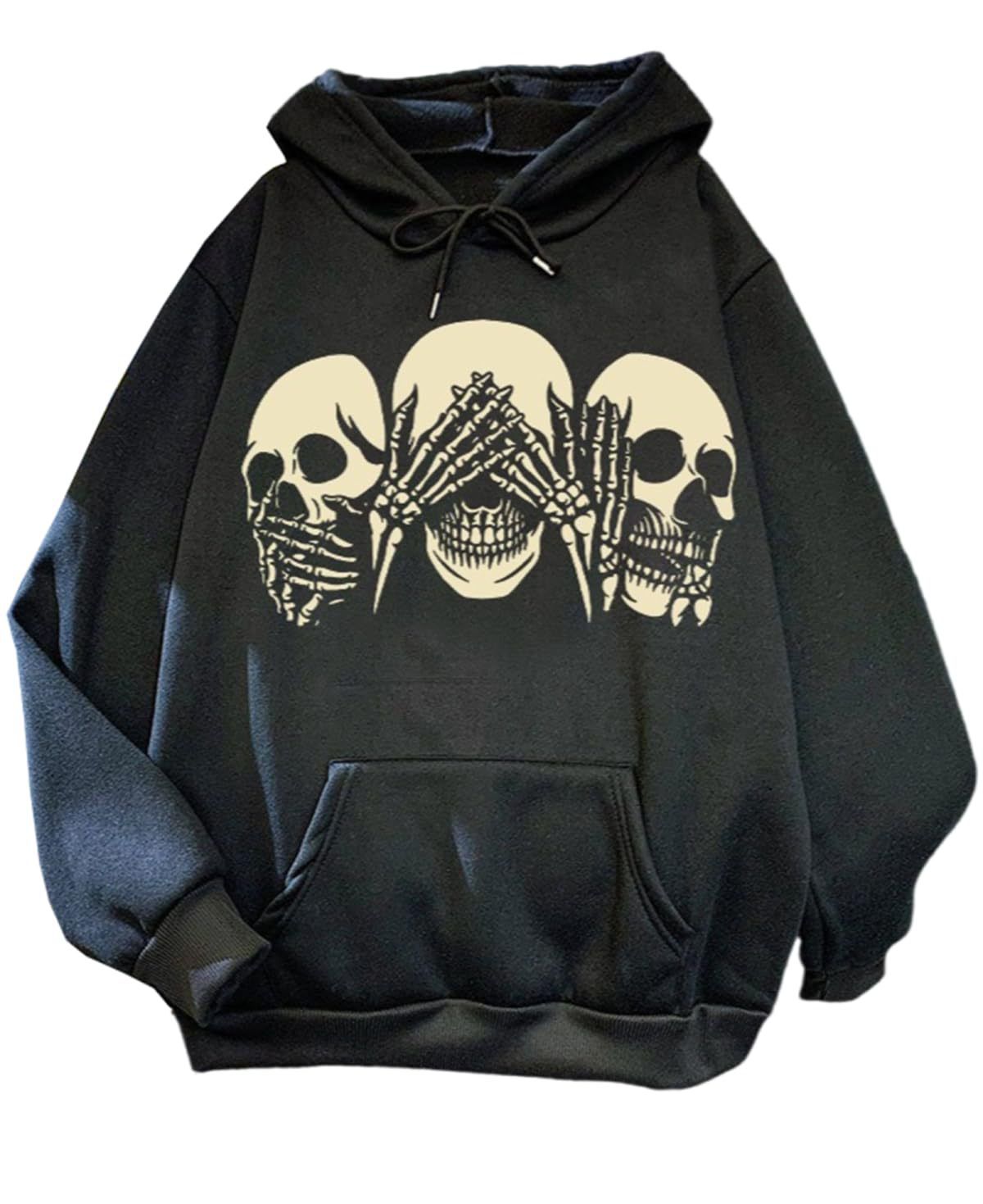 2024 New Skull Hand Blocking Face Print National Trend Treasure Boy Hoodie Versatile Cool Pullover Sweatshirt_viptrois.com