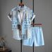 Men's Clothing Retro Contrasting Pattern Printing Cross Border Vacation Shirt Shorts Two Piece Set_viptrois.com