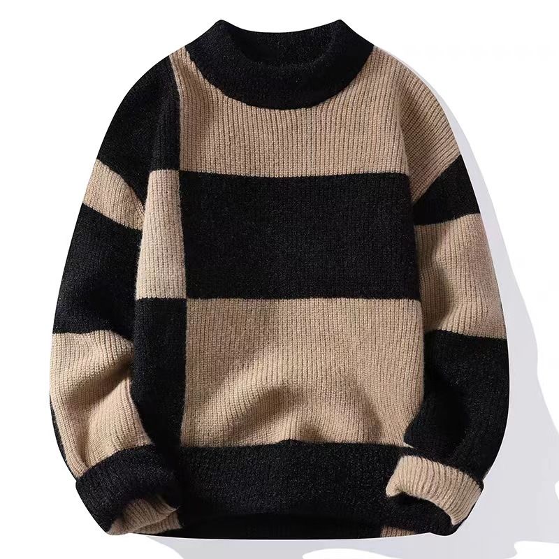 New color blocking sweater for men in autumn and winter, semi high neck knitted base sweater, men's thick warm wool clothes_viptrois.com