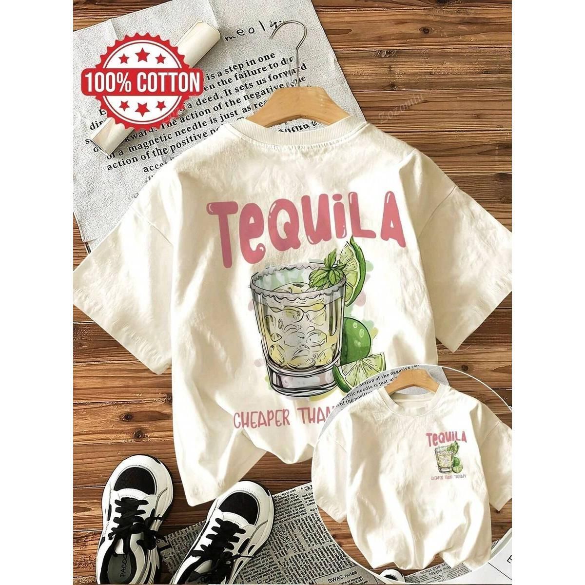 Camiseta Algodón Con Estampado "Tequila Cheaper Than Therapy" Casual De Moda Para Mujer_viptrois.com