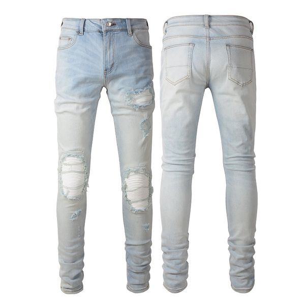 Men's Clothing Retro jeans high street light blue ripped patch elastic slim fit cross border men's jeans men's ripped jeans_viptrois.com