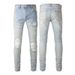 Men's Clothing Retro jeans high street light blue ripped patch elastic slim fit cross border men's jeans men's ripped jeans_viptrois.com