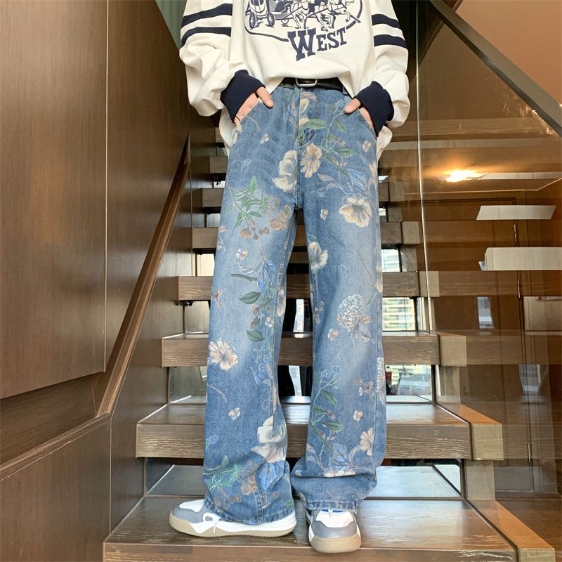 Men's Clothing Street Print Jeans For Men Autumn Trend Vibe Style Loose Versatile Design Mopping Wide Leg Pants_viptrois.com