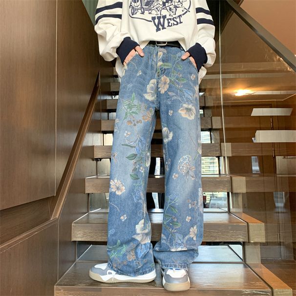 Men's Clothing Street Print Jeans For Men Autumn Trend Vibe Style Loose Versatile Design Mopping Wide Leg Pants_viptrois.com