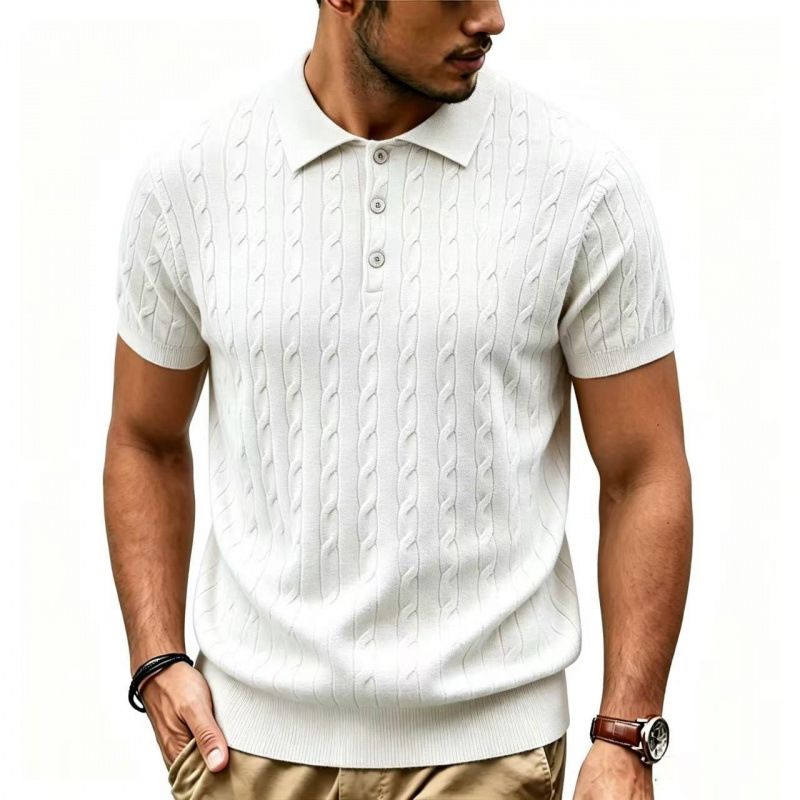 Men's Style Cable Knit Polo Shirt Summer Loose Collar Short Sleeve T-Shirt_viptrois.com