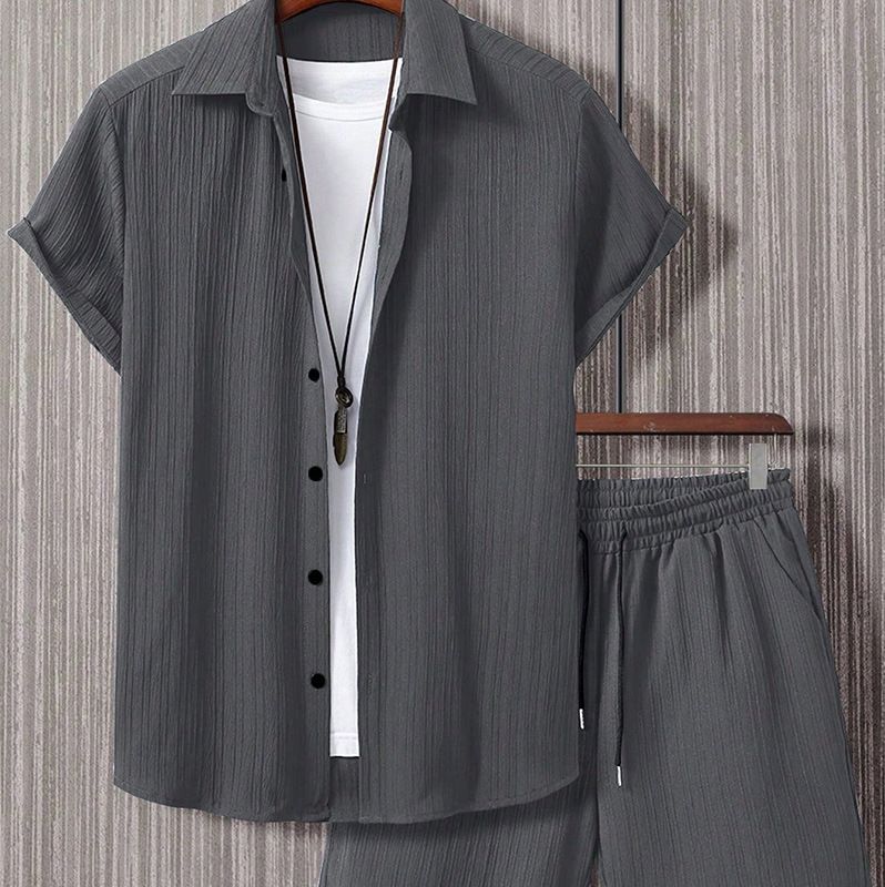 Men's Clothing Jacquard Men's Striped Short Sleeved Shirt Button Down Lapel Suit Men's Fashion Trend_viptrois.com