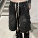 Men's Clothing High Street Washed Distressed Ash Multi Pocket Straight Shorts Drawstring Raw Edge Loose Denim Zipper Work Shorts_viptrois.com
