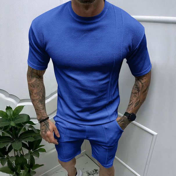 Men's Clothing Summer Solid Color Shorts Short Sleeved Round Neck T Shirt Sports Casual Suit Two Piece Set_viptrois.com