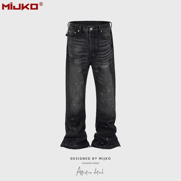 MIJKO Men's And Women's Ink Splash Flared Cat Whiskers Jeans Unisex American Retro Textured Slim Fit Long Pants Trendy_viptrois.com