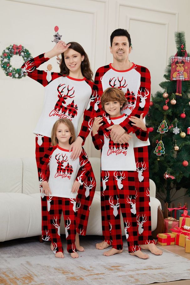 Christmas deer plaid letters Christmas family dress printed home dress pajamas_viptrois.com