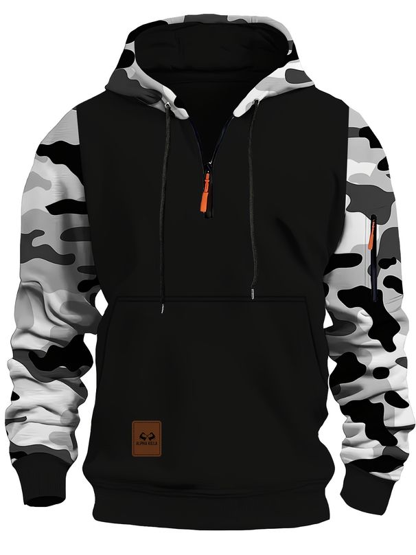 Men's Clothing Hooded Sweatshirt Outdoor Camouflage Men's Camo Hooded Zip-Up Fleece Sweatshirt - Outdoor Military Style Pullover With Kangaroo Pocket_viptrois.com