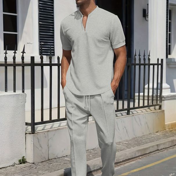 Men's Clothing Waffle Stand Collar Zipper Solid Color Short Sleeved Trousers Outdoor Leisure Suit_viptrois.com