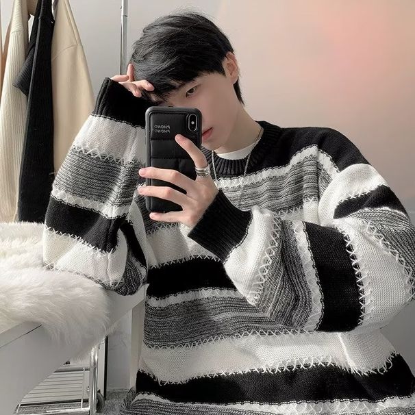 Sweater Men's Trendy Striped Design, Loose Knit Sweater, Versatile Top_viptrois.com