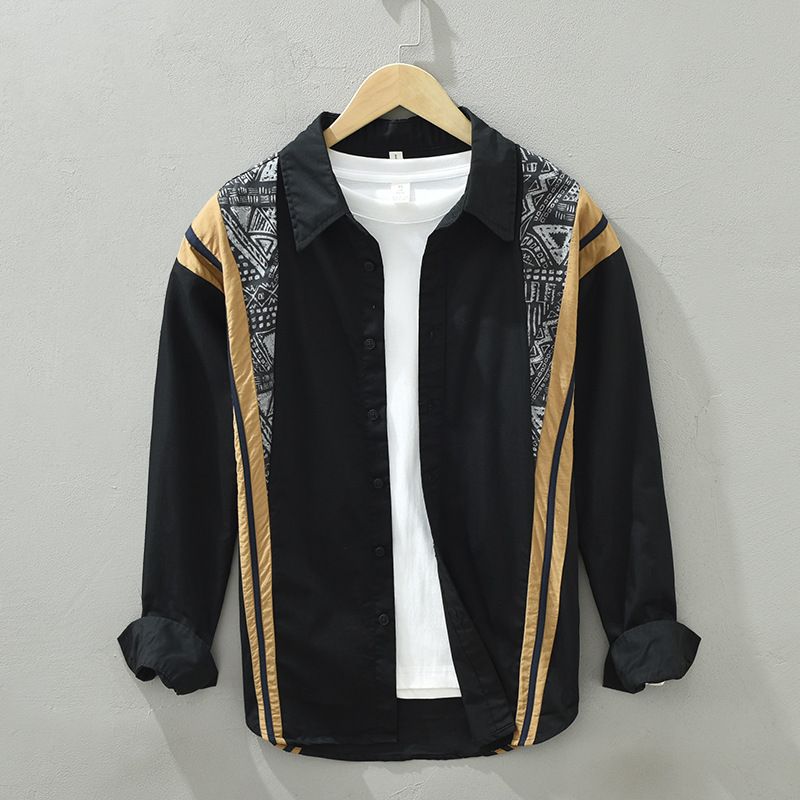 1325 Long Sleeved Shirt For Men's Fashionable Retro Stitching Printed Loose Shirt Top Single Piece Straight_viptrois.com