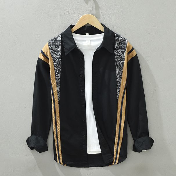 1325 Long Sleeved Shirt For Men's Fashionable Retro Stitching Printed Loose Shirt Top Single Piece Straight_viptrois.com
