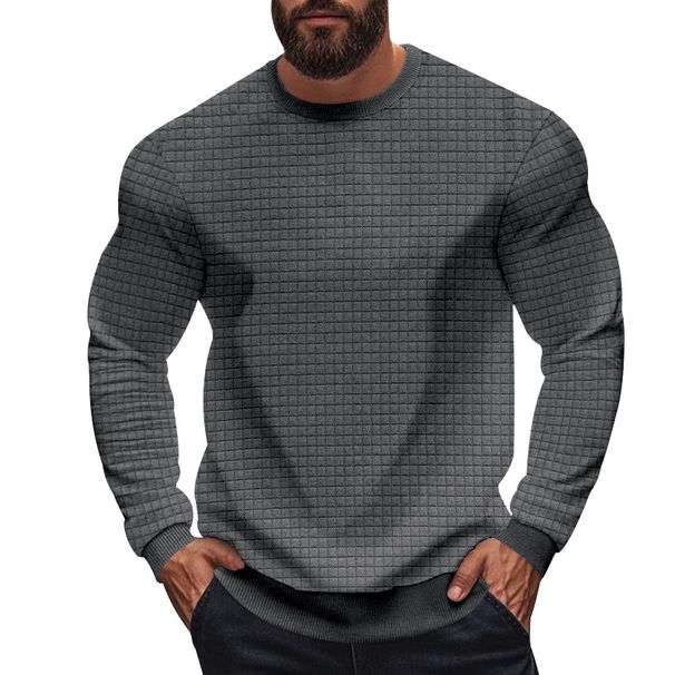 Men's Jacquard Square Pattern Long Sleeve T-Shirt - Breathable Loose Fit Casual Round Neck Shirt, Lightweight Layering Top (White/Dark Gray_viptrois.com
