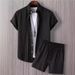 Men's Clothing Short Sleeved Drawstring Button Front Stripe Casual Two Piece Suit_viptrois.com