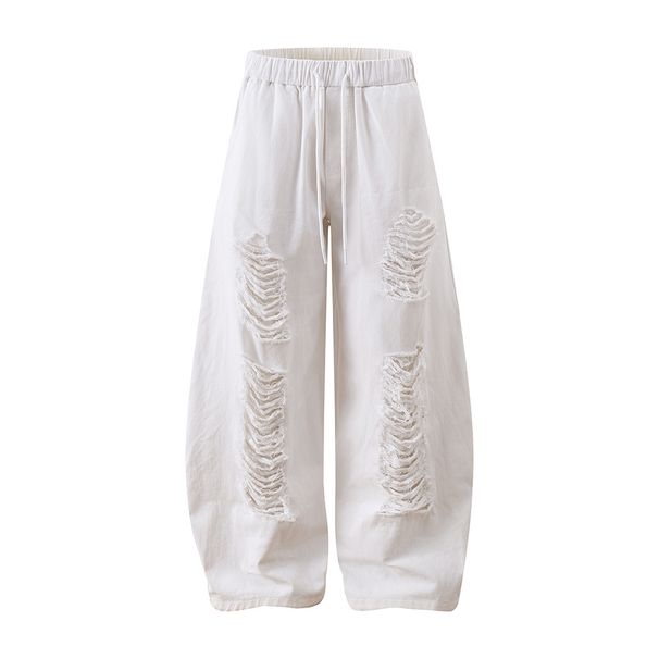 Curved Design Distressed Denim Scimitar American Style Trendy Men's Heavy-Duty Destroyed Solid Color Loose Wide-Leg Long_viptrois.com