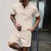 Waffle Zipper Stand Collar Color Matching Short Sleeved Shorts Men's Casual Outdoor Suit_viptrois.com