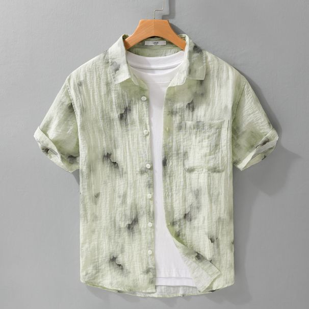 Summer Cool Linen Print Simple Short Sleeved Shirt Trendy Casual Loose Youth Versatile Men's Shirt_viptrois.com