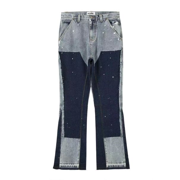 Men's Clothing High Street Water Ins Same Style Washed Vibe Style Loose Splicing Splash Ink Zipper Jeans Logging Overalls_viptrois.com