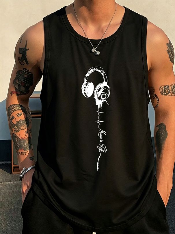 Canotta Uomo Girocollo 100% Cotone Stampa Cuffie E Battito Cardiaco Morbida Traspirante Senza Maniche Fitness Casual Primavera Estate Multicolore_viptrois.com