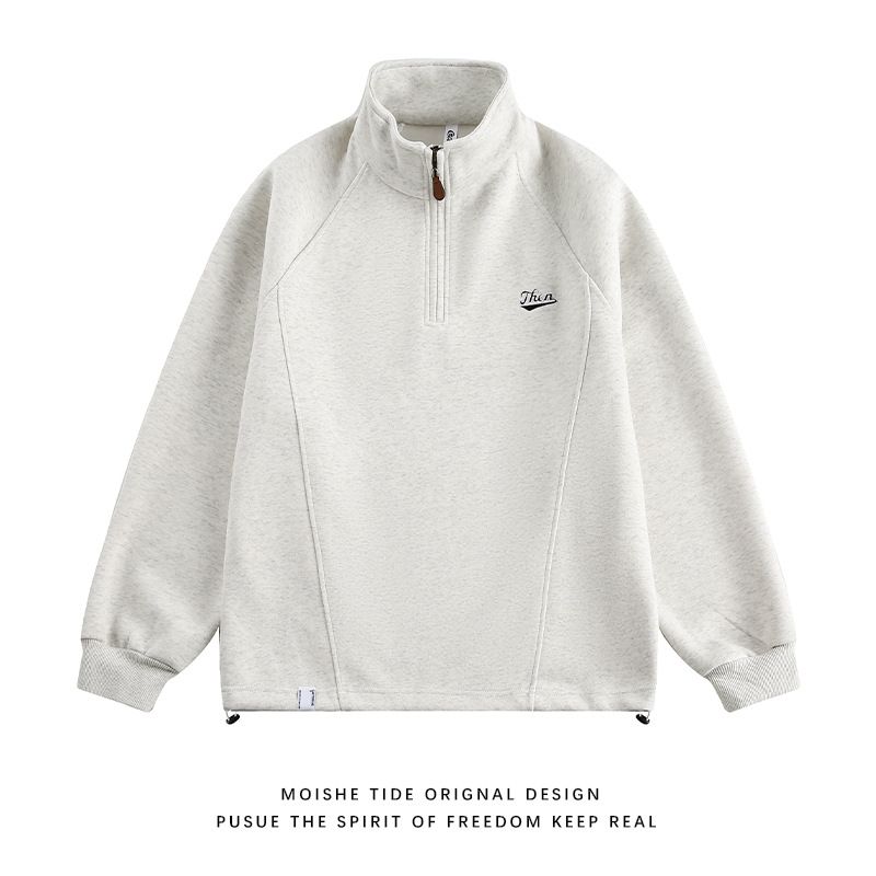 Korean Style Half-Zip Fleece Hoodie – Embroidered Stand Collar Oversized Sweatshirt For Teens (Light Grey/Dark Grey, M-XXXL)_viptrois.com