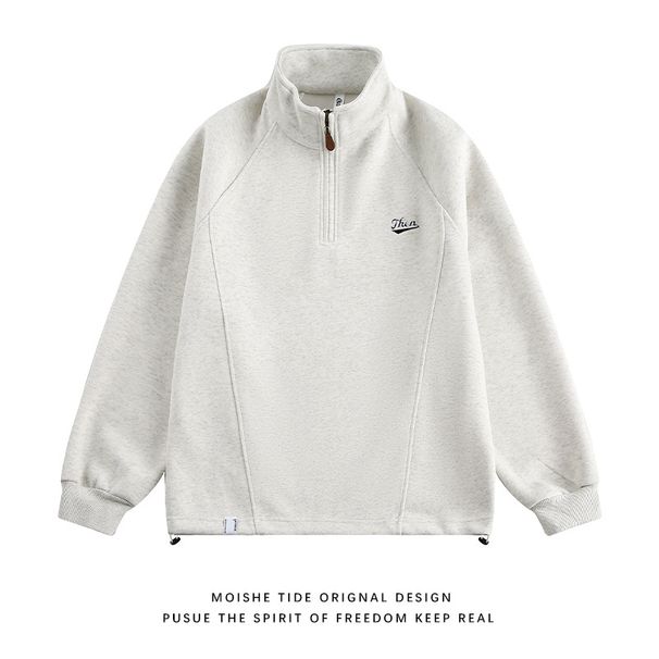 Korean Style Half-Zip Fleece Hoodie – Embroidered Stand Collar Oversized Sweatshirt For Teens (Light Grey/Dark Grey, M-XXXL)_viptrois.com