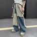 Vintage American Streetwear Washed Denim Pants Unisex Distressed Wide-Leg Jeans With Color Blocking And Curved Hem_viptrois.com