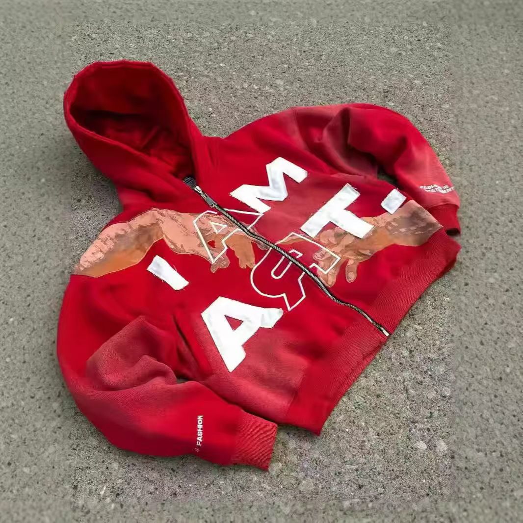 Men's Clothing Y2K Streetwear Zip-Up Hoodie – Unisex Oversized Pullover With Colorful Letter Print, Retro Hip-Hop Style_viptrois.com