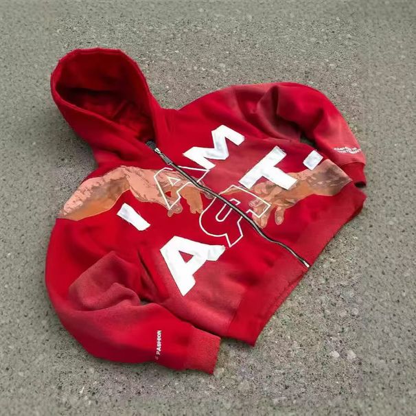Men's Clothing Y2K Streetwear Zip-Up Hoodie – Unisex Oversized Pullover With Colorful Letter Print, Retro Hip-Hop Style_viptrois.com