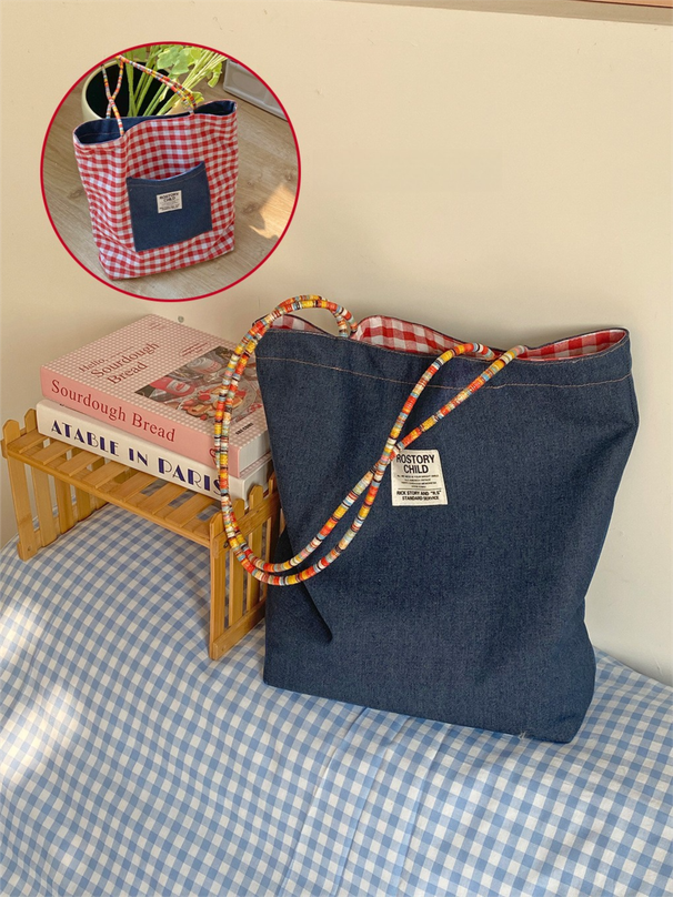 American Style Double-Sided Plaid Denim Canvas Versatile Commuter Tote Bag Reversible Color-Block Handbag_viptrois.com