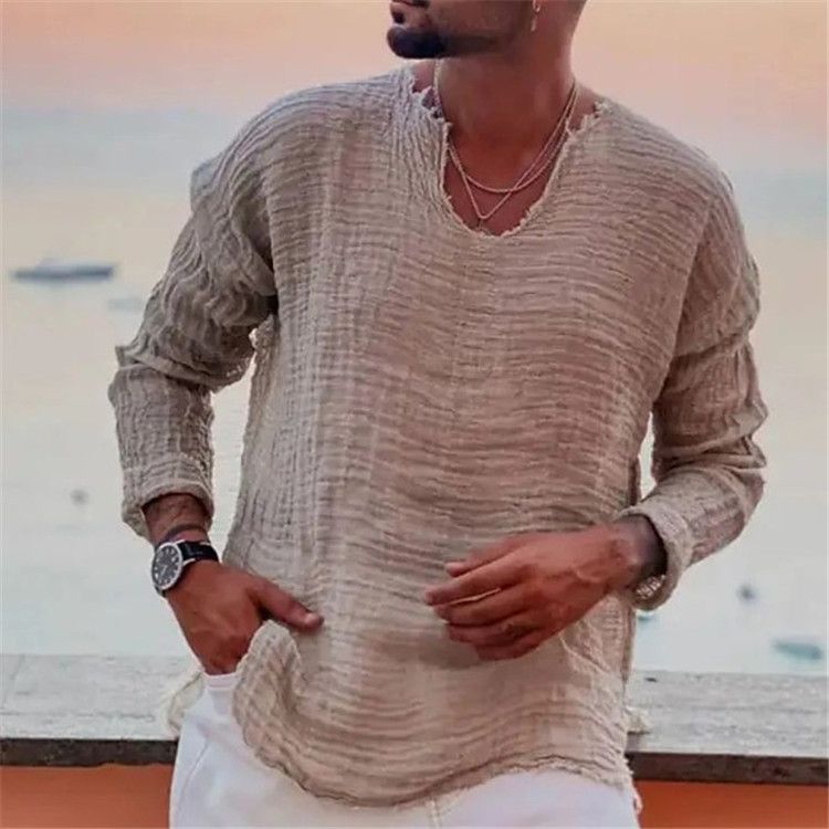 K Men's Youth Casual Loose V-neck Fringed Long Sleeved Shirt_viptrois.com