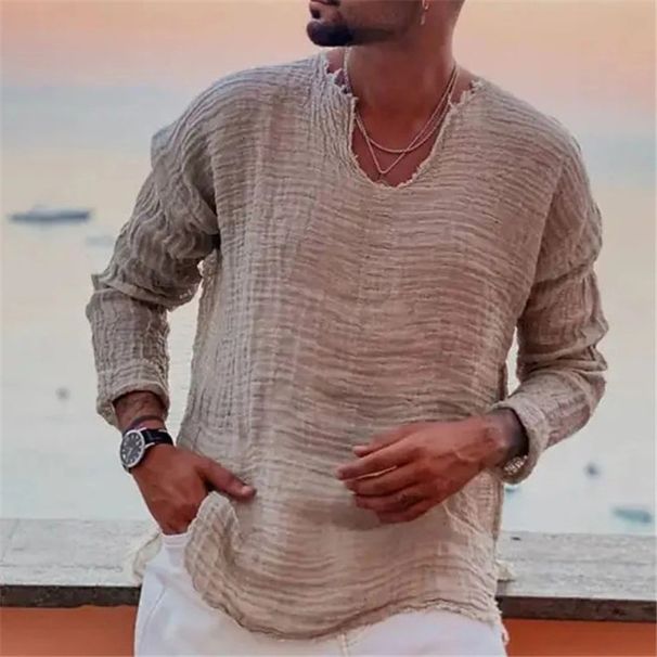K Men's Youth Casual Loose V-neck Fringed Long Sleeved Shirt_viptrois.com