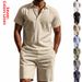 Men's Summer Linen Polo Shirt Breathable Sports Casual Short Sleeved Collared Button Up Set Shorts_viptrois.com