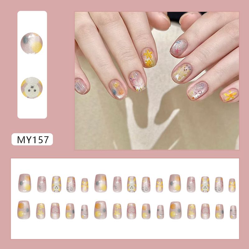 False Nails Hand Painted Lines Star Heart Cartoon Flowers Little Panda Eyes Detachable Wearable Nails_viptrois.com