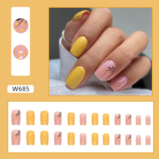 Medium And Long Square Turmeric Jumping Golden Flower Nail Art Yellow Series White Wearing Armor Finished Product Removable Nail Piece_viptrois.com
