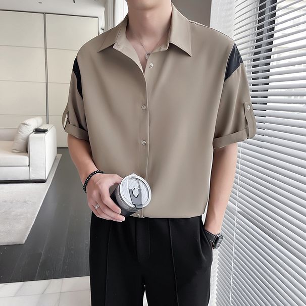 Short Sleeved Drape Shirt For Men, Trendy And Loose, Summer Five Quarter Sleeve Solid Color Shirt_viptrois.com