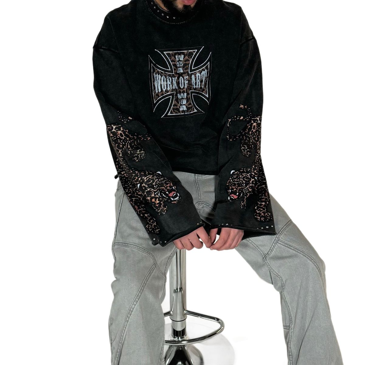 American Retro Leopard Print Long Sleeve T-Shirt for Men Loose Fit Trendy Versatile round Neck Pullover Casual Top_viptrois.com