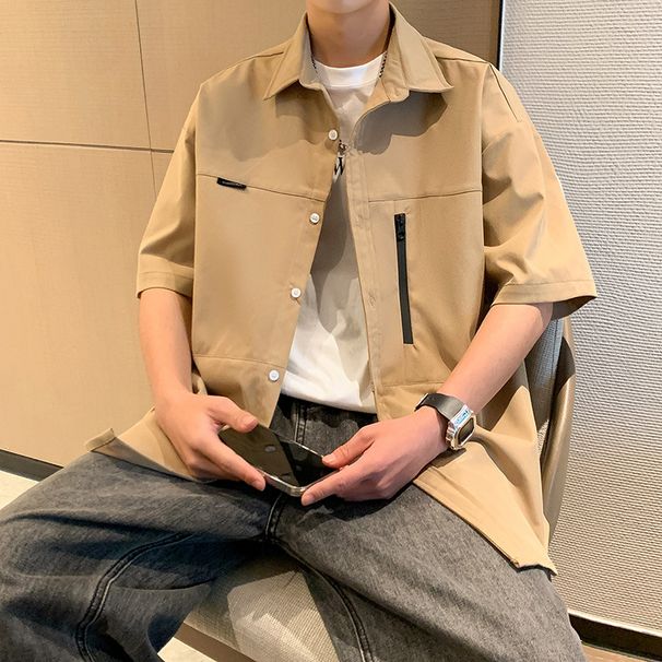 Short Shirt Men's Summer Loose Solid Color Sunscreen Workwear Half Sleeved Trendy And Cool Casual Top_viptrois.com