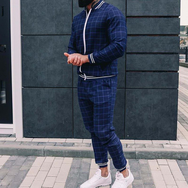 Men's Clothing new autumn casual men's clothing European and American men's sports suit plaid zipper shirt jacket and trousers two pieces_viptrois.com